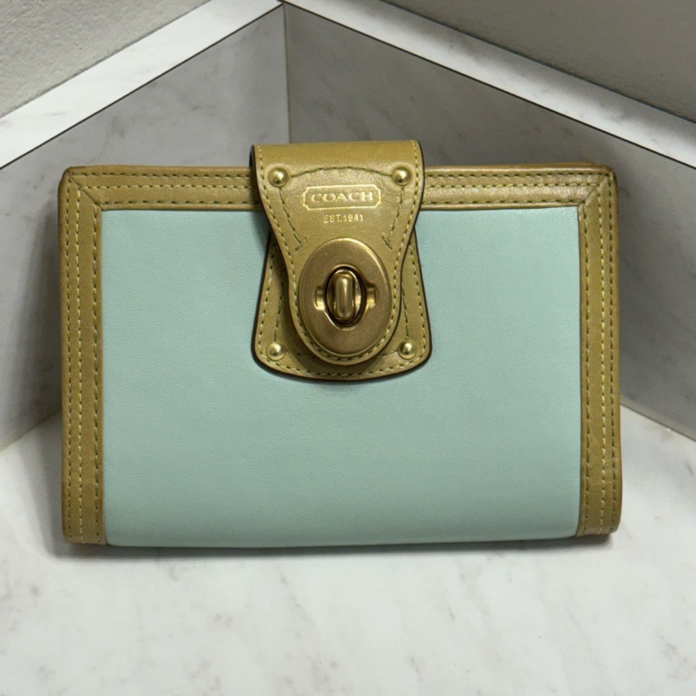 Vintage Coach Leather Organizer Address Book Green & Blue with Gold Pen